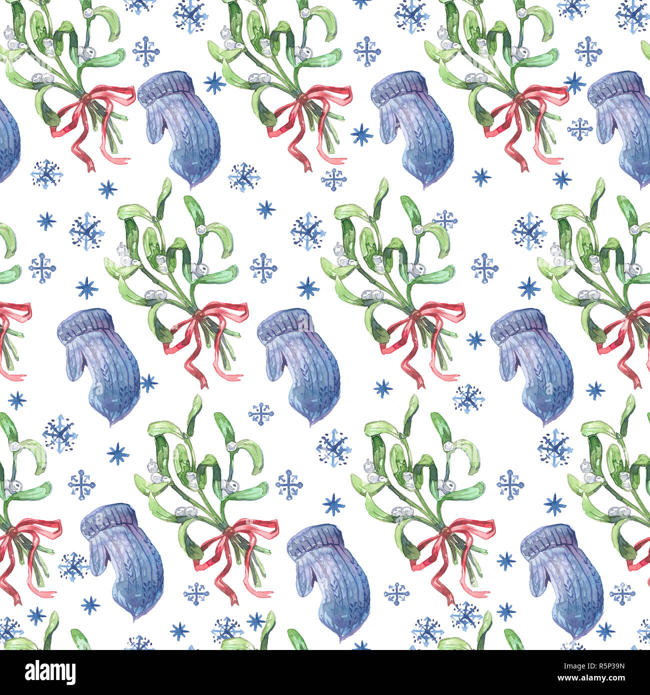 L'Aquarelle transparente avec motif de Noël bleu gui, mitaines et flocons. Banque D'Images