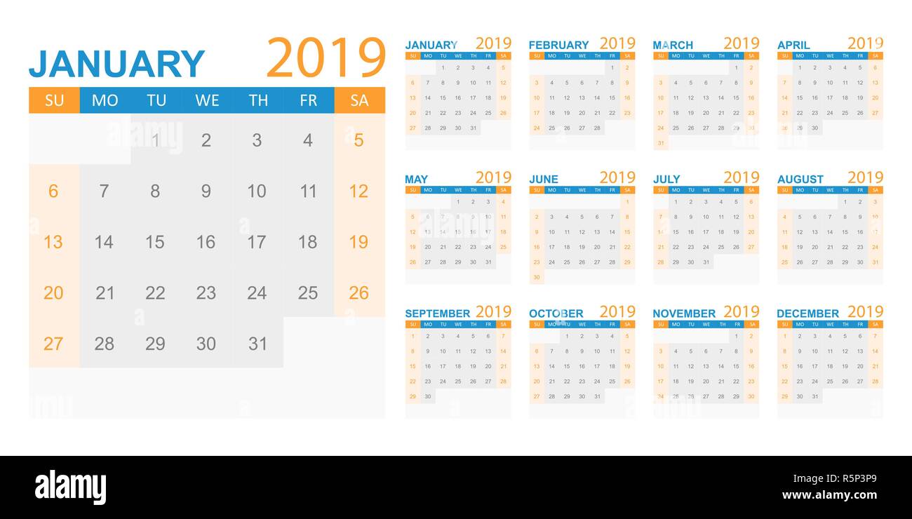 L'année 2019 du calendrier dans un style simple. Planificateur de calendrier modèle. Mensuel de l'ordre du modèle. Vector illustration d'entreprise. Illustration de Vecteur