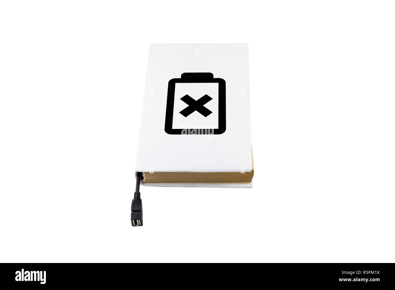 Livre avec le symbole de la batterie connectée à un câble USB Banque D'Images