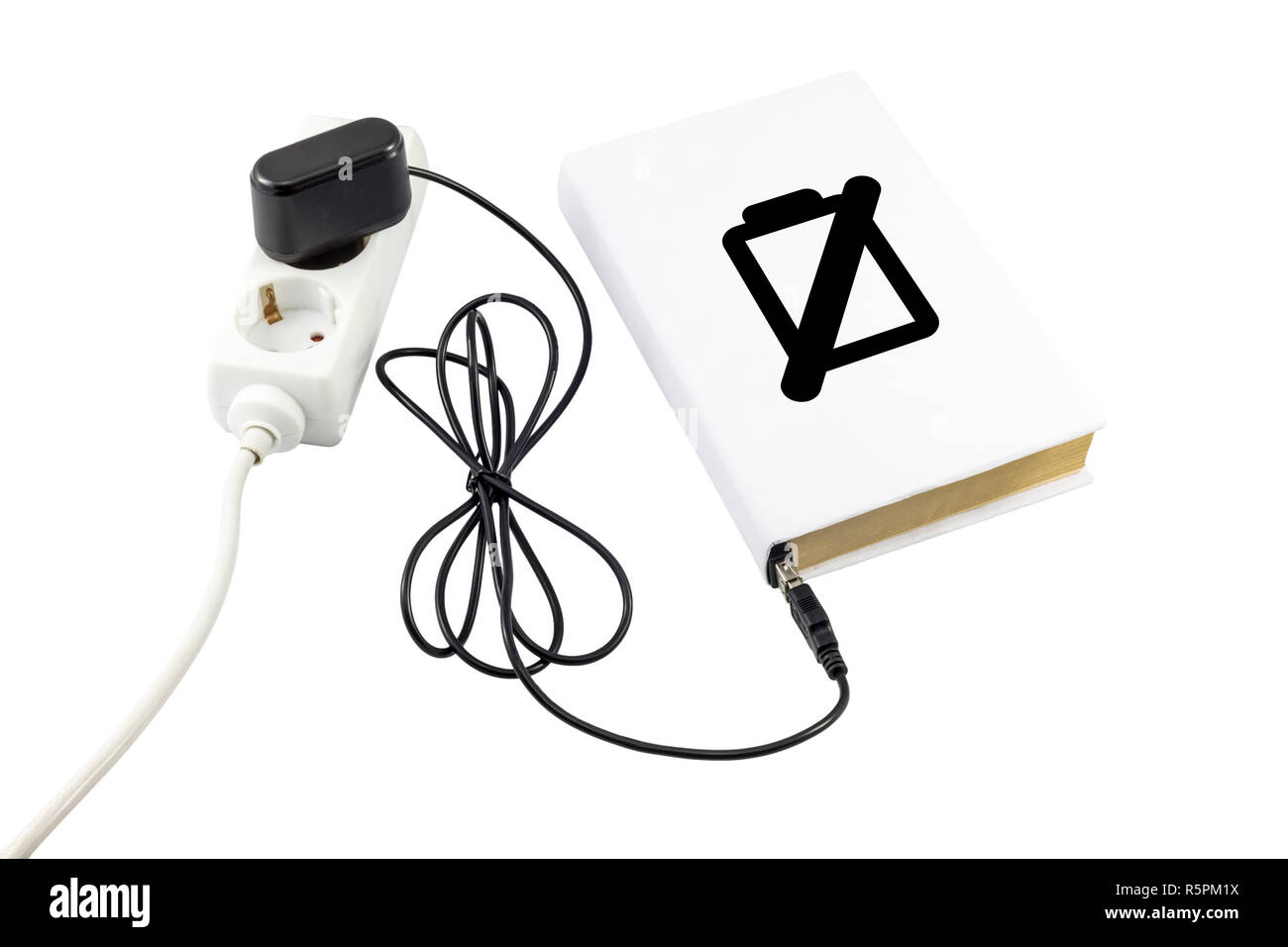 Livre relié à un chargeur USB. Symbole de la batterie indique le niveau de charge. Banque D'Images