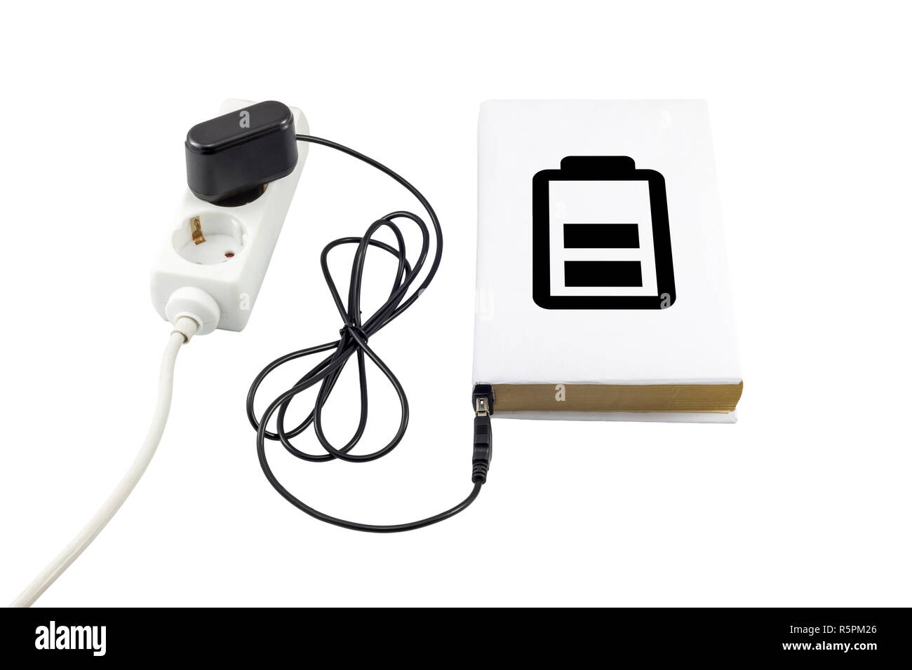 Livre relié à un chargeur USB. Symbole de la batterie indique le niveau de charge. Banque D'Images
