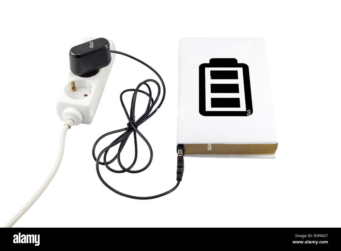 Livre relié à un chargeur USB. Symbole de la batterie indique le niveau de charge. Banque D'Images