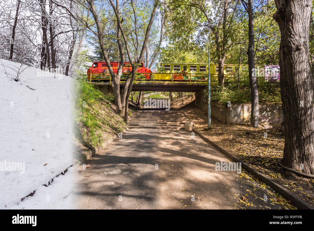 Quatre saisons de concept. L'effet des 4 saisons sur l'environnement urbain. Quatre photos d'un endroit capturé pendant un an et en toute transparence mélangé Banque D'Images