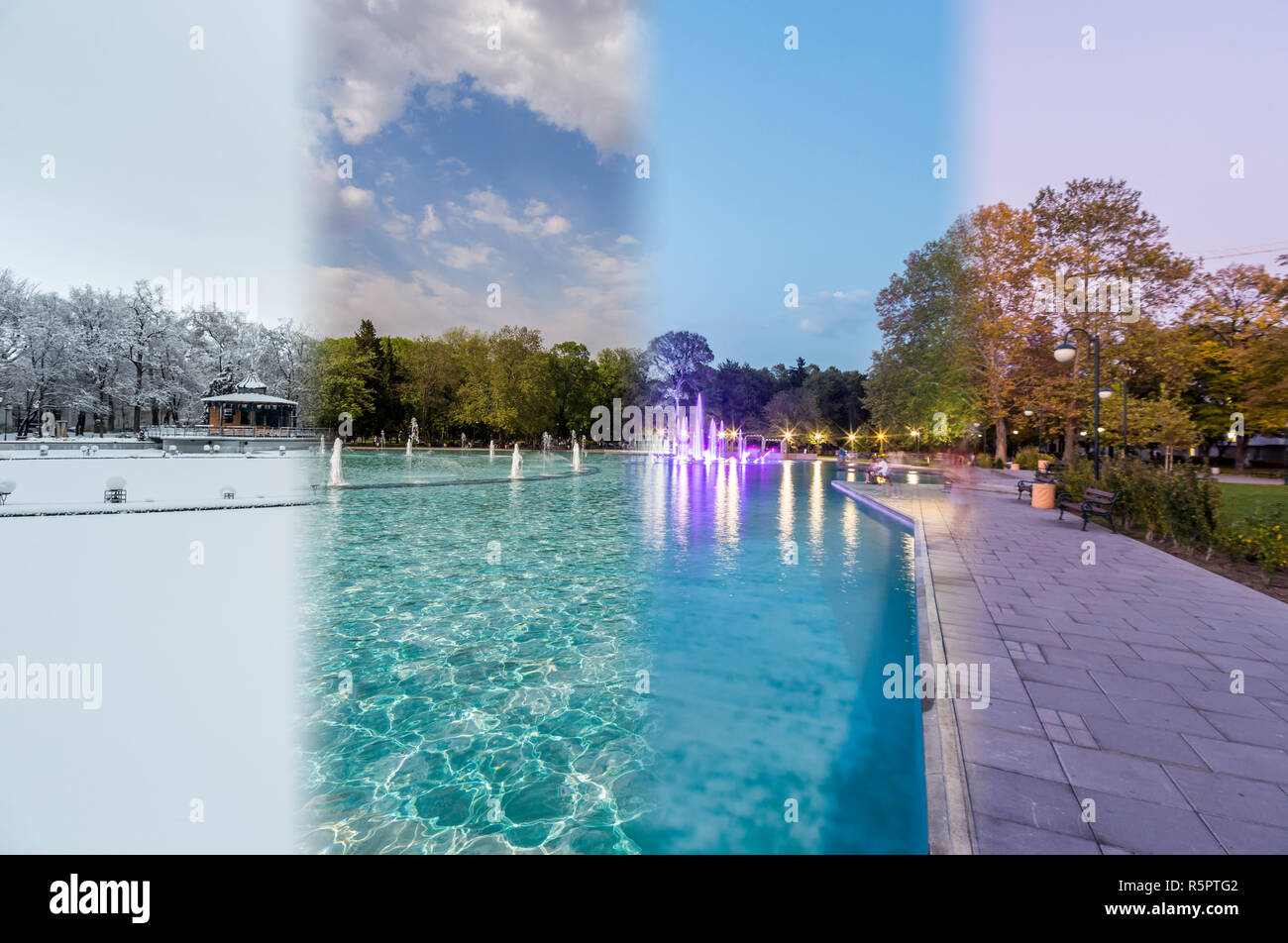 Quatre saisons de concept. L'effet des 4 saisons sur l'environnement urbain. Quatre photos d'un endroit capturé pendant un an et en toute transparence mélangé Banque D'Images