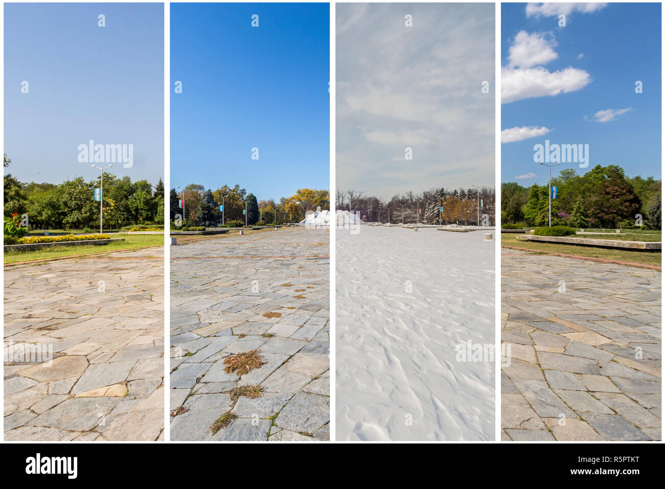 Quatre saisons de concept. L'effet des 4 saisons sur l'environnement urbain. Quatre photos d'un endroit capturé pendant un an et en toute transparence mélangé Banque D'Images