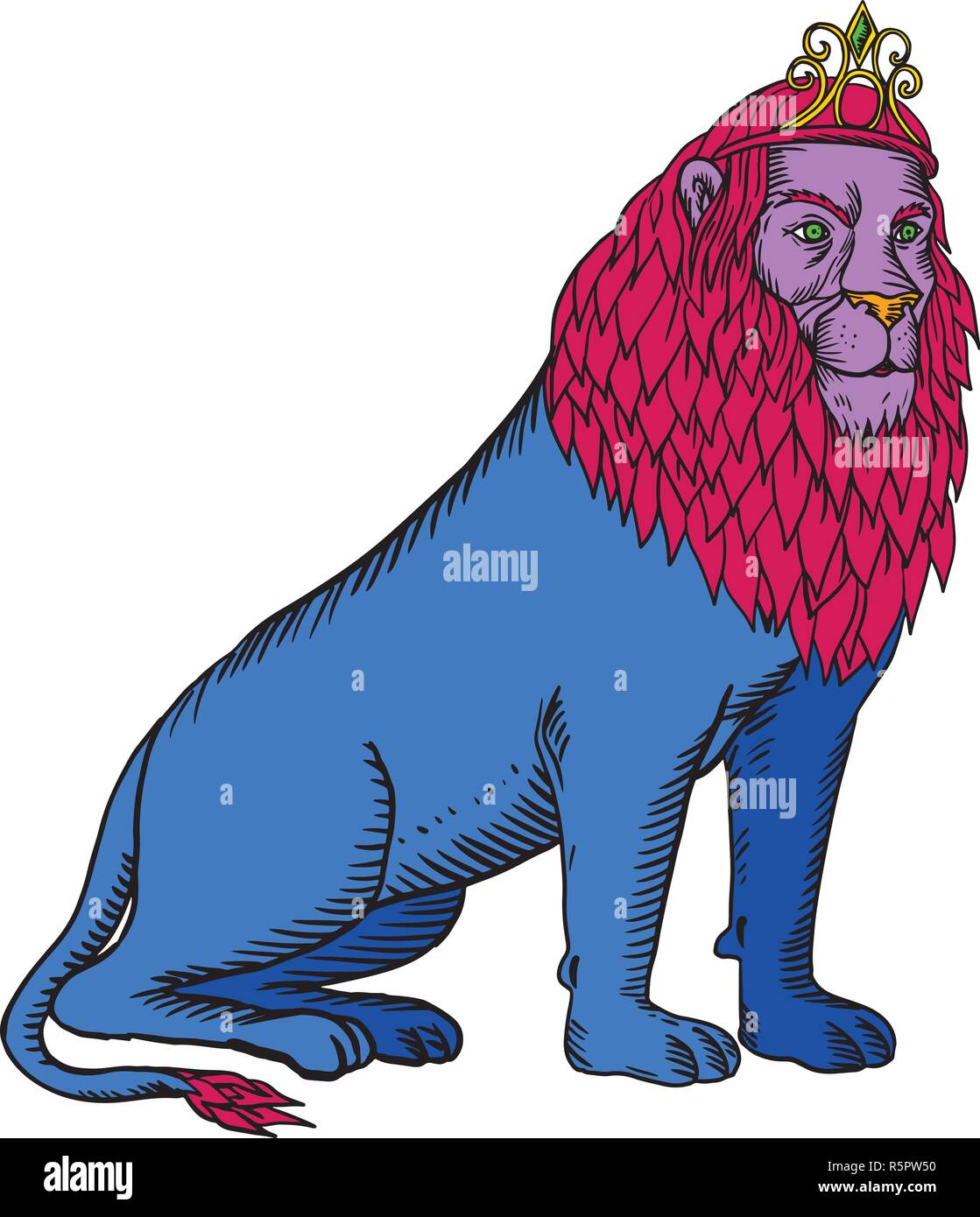 Style gravure illustration d'un lion mâle bleu avec red mane portant un diadème ou couronne assis fait sur scraperboard style scratchboard isolées sur des Illustration de Vecteur