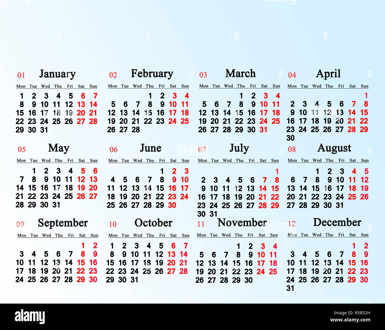 Calendrier pour 2018 sur le fond dégradé bleu blanc Banque D'Images