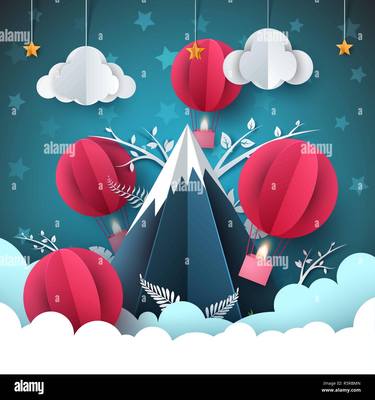 Document de voyage illustration. Montagne, tente, en montgolfière. Illustration de Vecteur