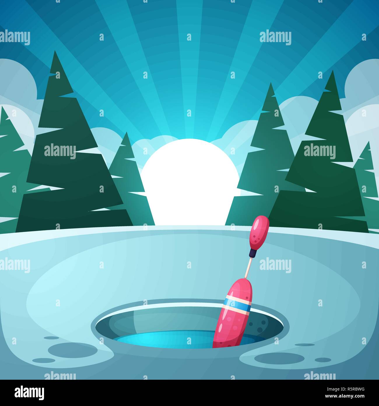 Nuit paysage d'hiver. Flotteur, pêche, glace. Illustration de Vecteur