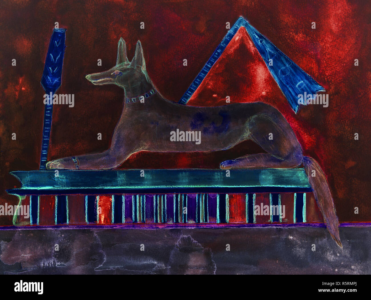 Anubis couché sur un tombeau avec fond rouge. La technique du badigeonnage près des bords donne un effet de flou en raison de la modification de la rugosité de la Banque D'Images