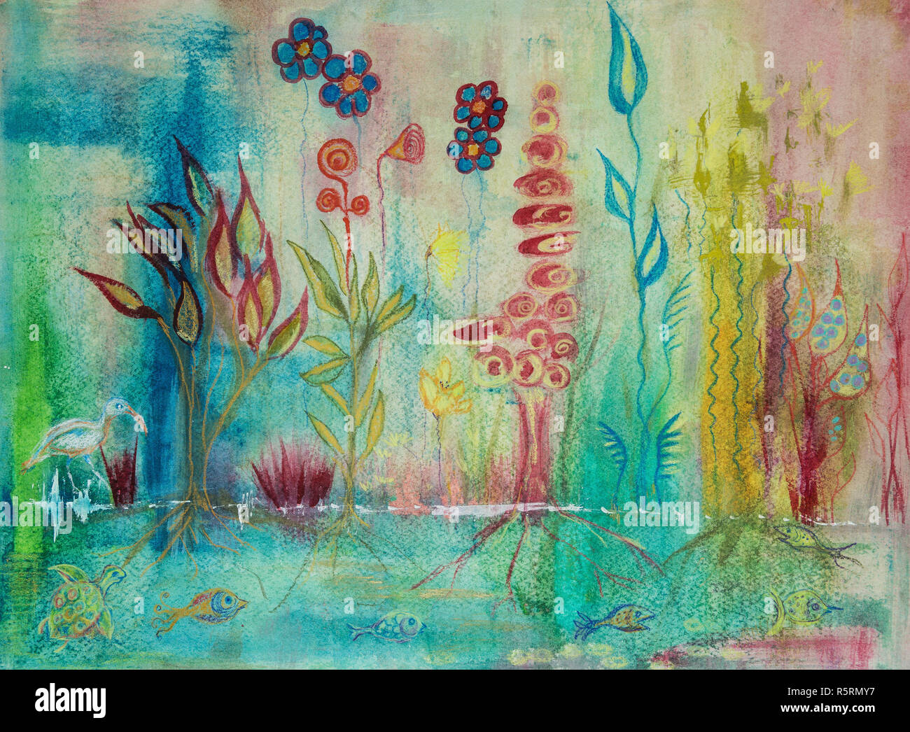 Scène de marais en musique psychédélique. La technique du badigeonnage près des bords donne un effet de flou en raison de la modification de la rugosité de surface du papier. Banque D'Images