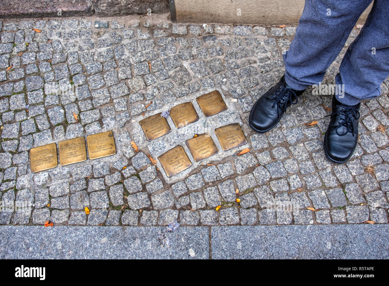 Berlin, Mitte. Stolpersteine, d'achoppement des monuments dans la commémoration des victimes des nazis qui vivaient à 19 Almstadtstasse Banque D'Images
