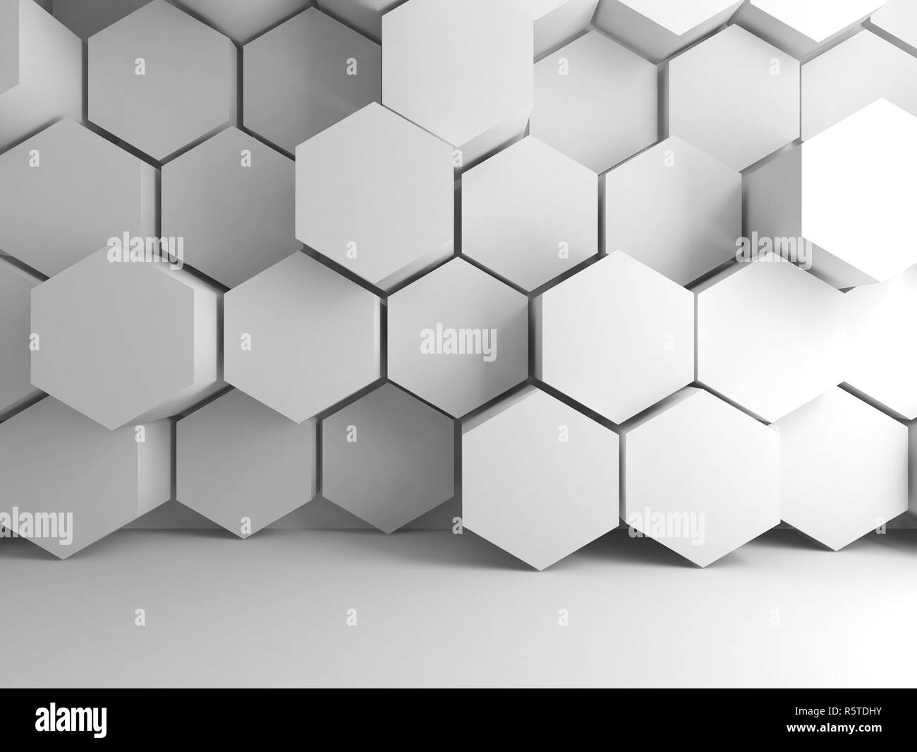 Résumé Contexte intérieur blanc avec modèle hexagonal sur le mur avant, rendu 3d illustration Banque D'Images