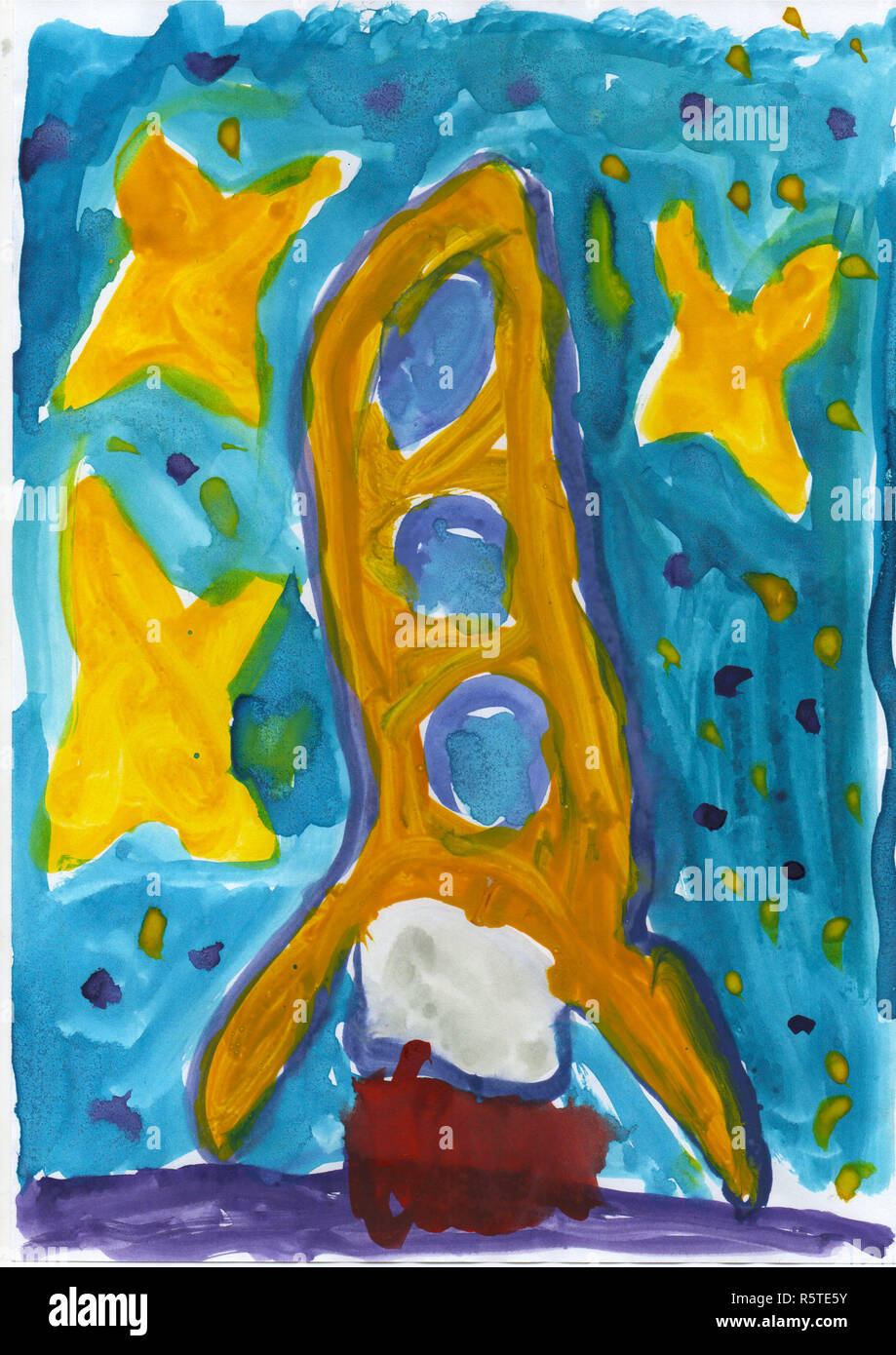Fusée jaune et des étoiles dans le cosmos, la peinture de l'enfant Banque D'Images