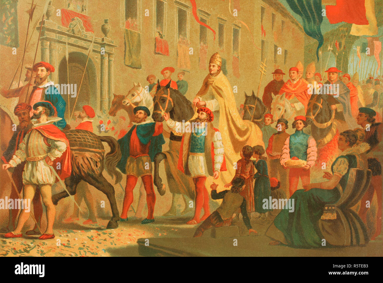 Le pape Léon X (1475-1521). Giovanni di Lorenzo de' Medici, Pape de 1513 à 1521. Célébrations pour le couronnement de Léon X. Le pontife le port de la tiare papale au cours de la cérémonie. Lithography. La Civilizacion (la civilisation), volume III, 1882. Banque D'Images