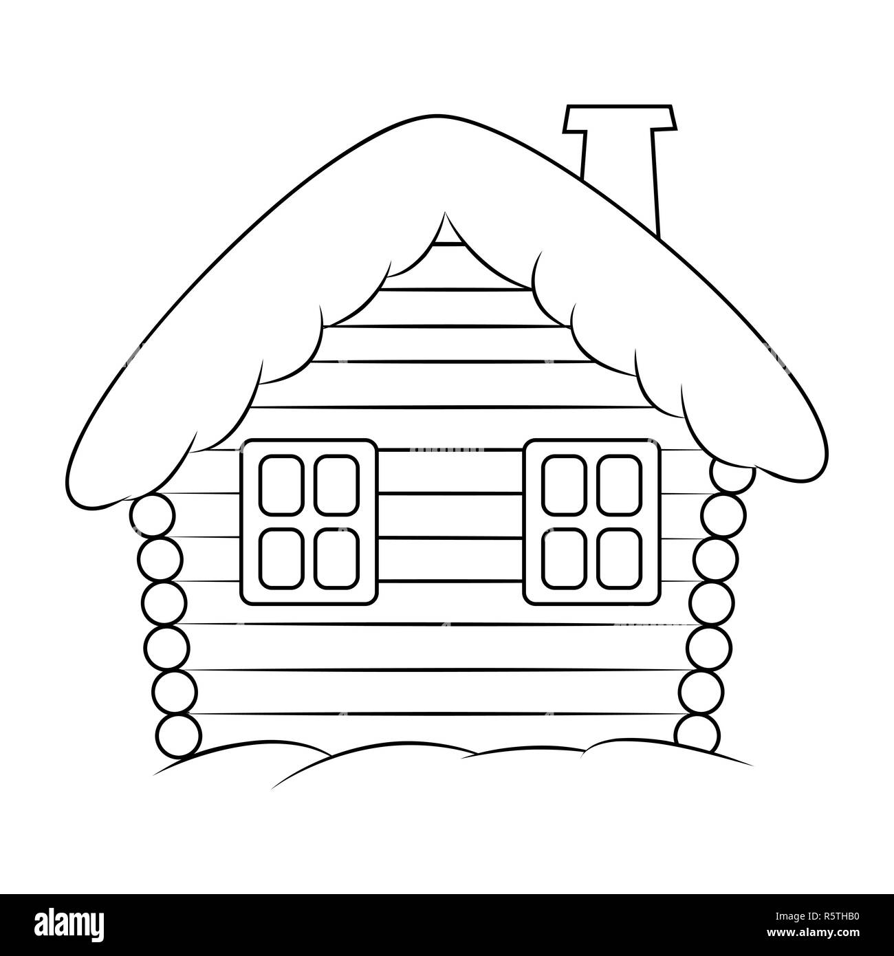 Chambre avec snow cartoon illustration silhouette. Noël neige hiver home, chalet isolé sur fond blanc. Banque D'Images