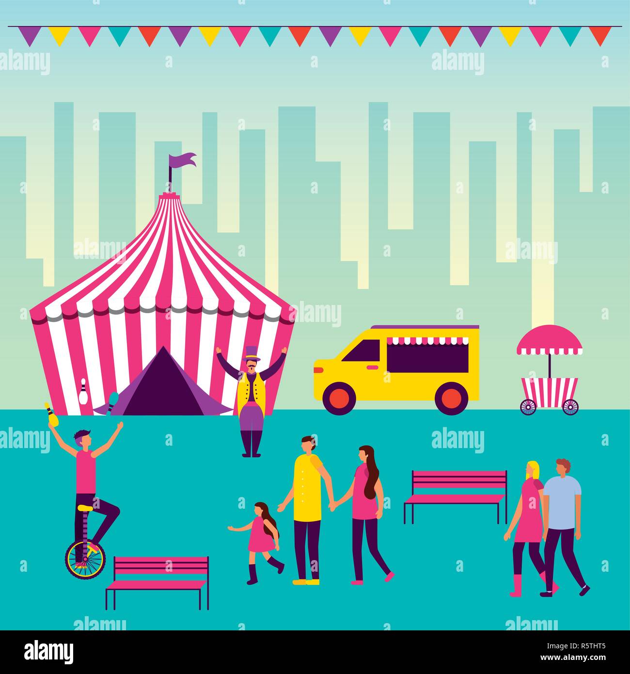 Circus fun city outdoor fanions tente d'illustration vectorielle acrobates Illustration de Vecteur