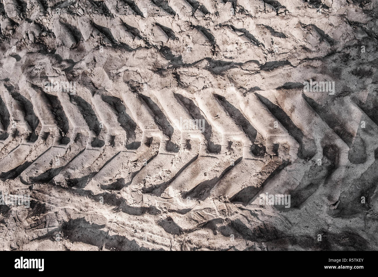Des traces de pneus de voiture sur le sable sec. Des modèles dans le sable close up. Banque D'Images