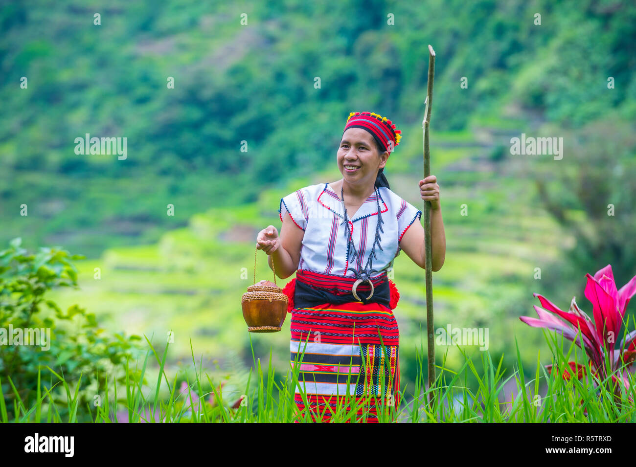 Femme d'Ifugao Minority près d'une terrasse de riz à Banaue aux Philippines Banque D'Images