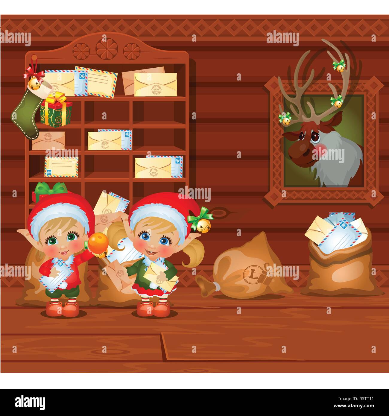 L'intérieur de l'ancien en bois confortable maison de village. Ameublement de maison. Santa's helpers lire les lettres. Croquis de l'affiche de la fête de Noël, invitation à une fête, d'autres carte de vacances. Cartoon Vector illustration close-up. Illustration de Vecteur