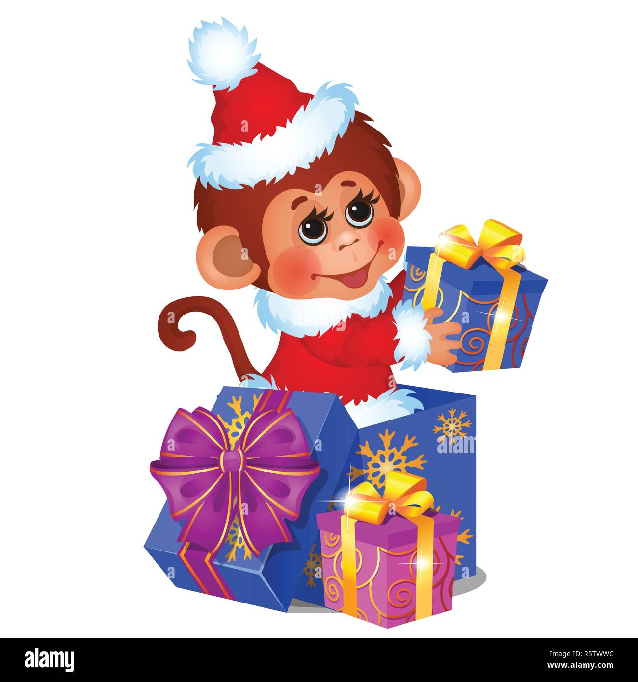 Singe mignon habillé en père Noël, coffrets cadeaux, ribbon bow isolé sur fond blanc. Croquis de l'affiche de la fête de Noël, invitation à une fête, d'autres carte de vacances. Cartoon Vector illustration close-up. Illustration de Vecteur