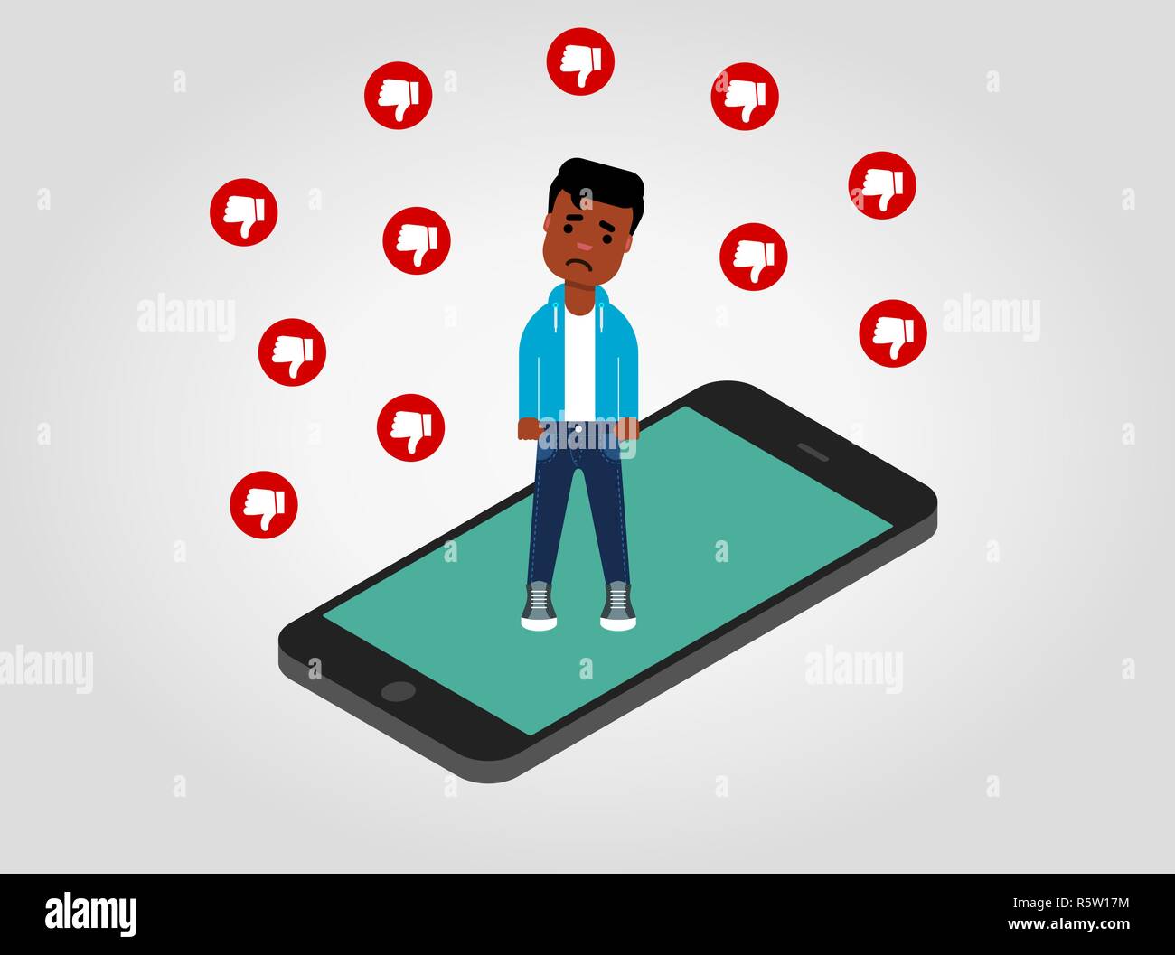 Sad young African American man standing sur le téléphone mobile entouré par les signes de pouce vers le bas. N'aime pas sur les réseaux sociaux. Le discours de haine concept. Illustration de Vecteur