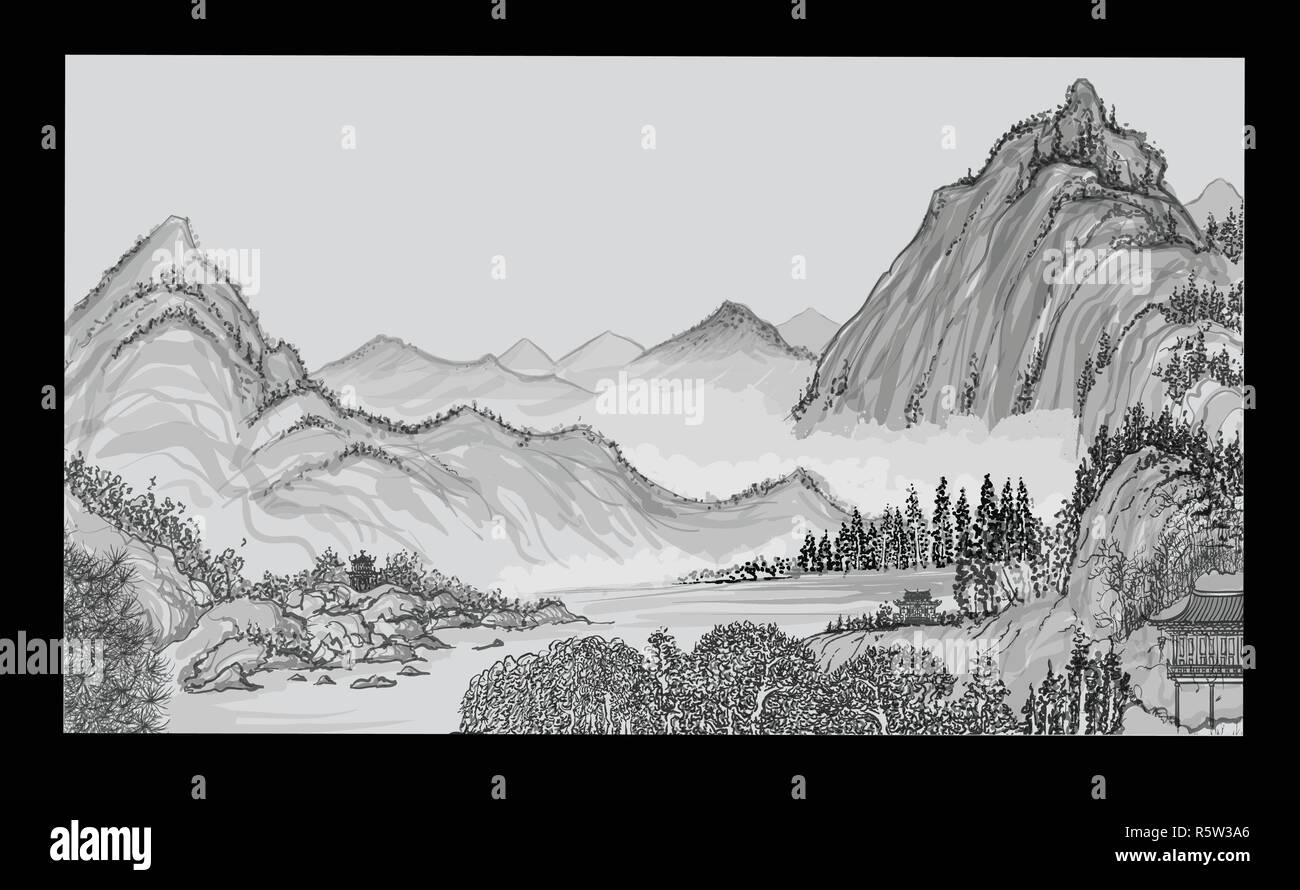Paysage chinois avec vue sur la montagne et nuages dans le style du vieux peinture chinoise - vector illustration Illustration de Vecteur