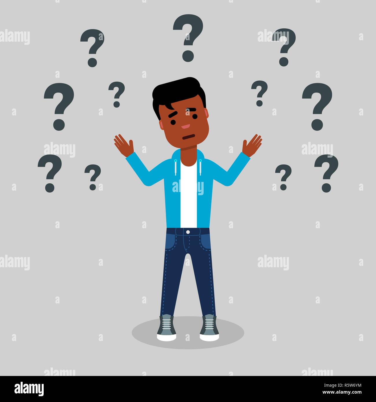 Young African American entouré par des points d'interrogation. Dilemme concept. Illustration vectorielle Stock style plat Illustration de Vecteur