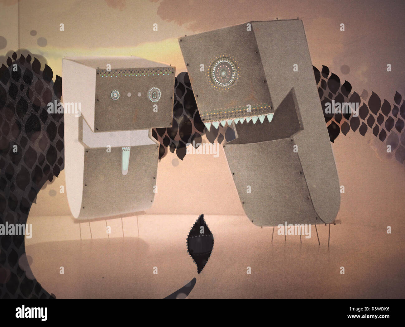 Choc cosmique. Combat sur la planète abstraite entre étrangers et blanc nuage noir. La lutte contre l'espace entre les personnages rigolo abstrait. Lutte en noir et blanc. Banque D'Images