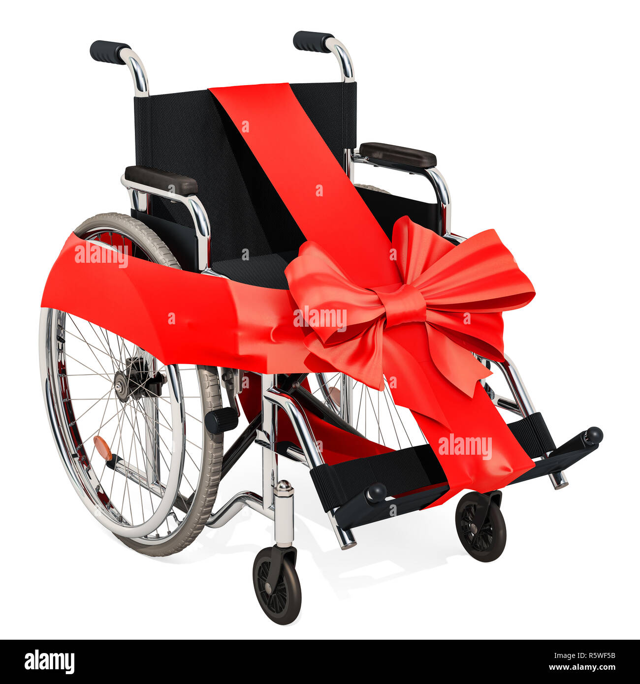 Fauteuil roulant manuel à l'arc et ruban, concept de cadeaux. Le rendu 3D isolé sur fond blanc Banque D'Images