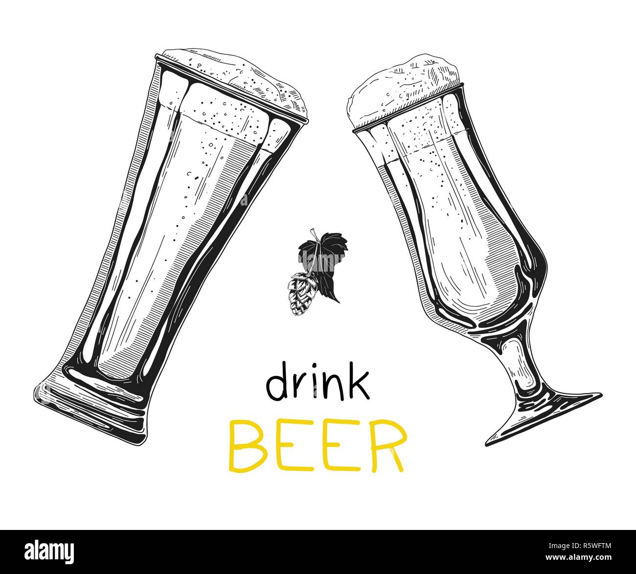 Deux verres de bière sur un fond blanc. Vector illustration au croquis style. Illustration de Vecteur
