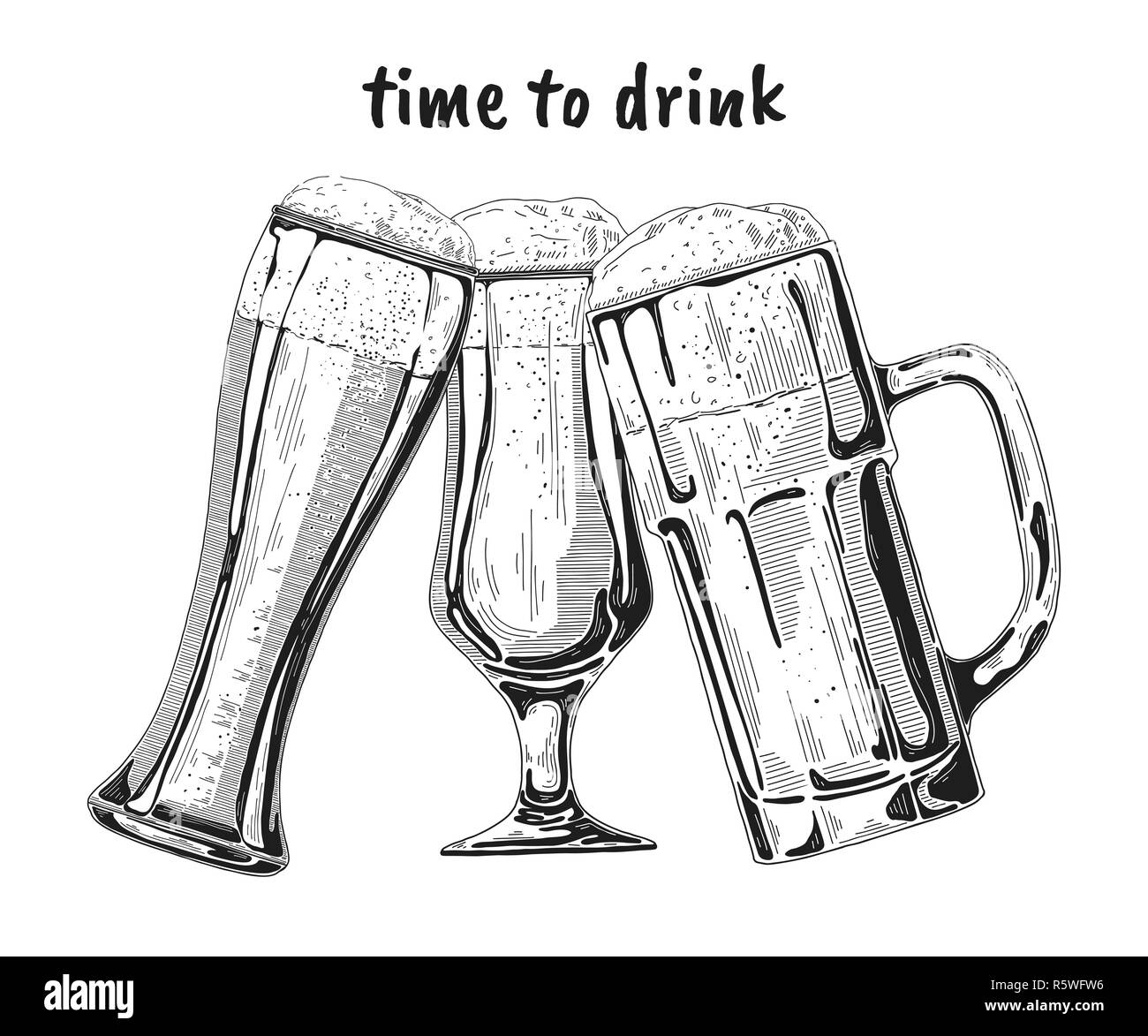 Ensemble de verres de bière, café, différentes de la bière. Vector illustration d'un croquis de style. Illustration de Vecteur
