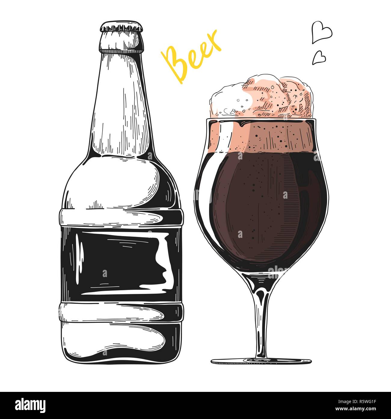 Bouteille de bière. Verre à bière. Vector illustration d'un croquis de style. Illustration de Vecteur