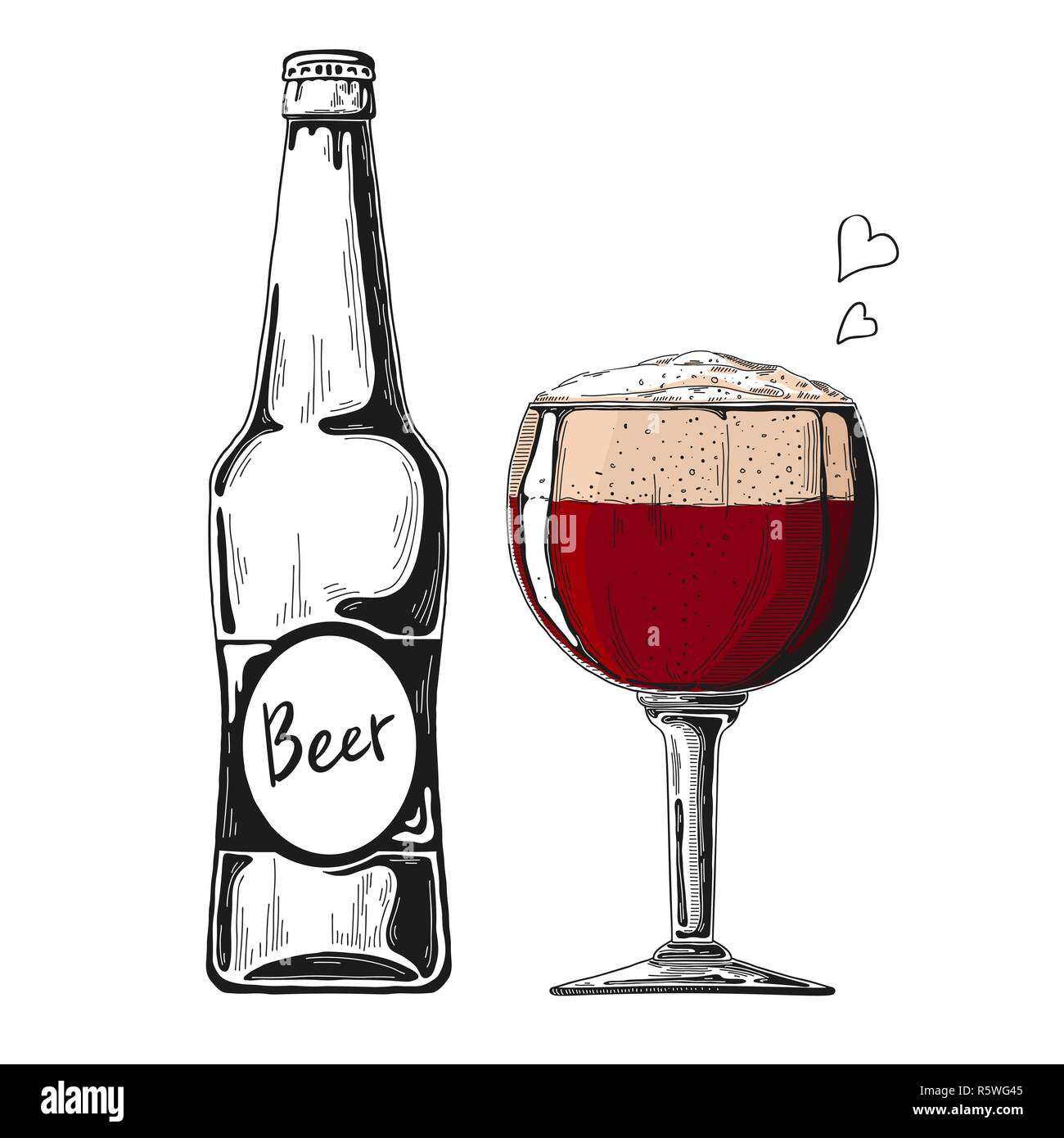 Bouteille de bière. Verre à bière. Vector illustration d'un croquis de style. Illustration de Vecteur