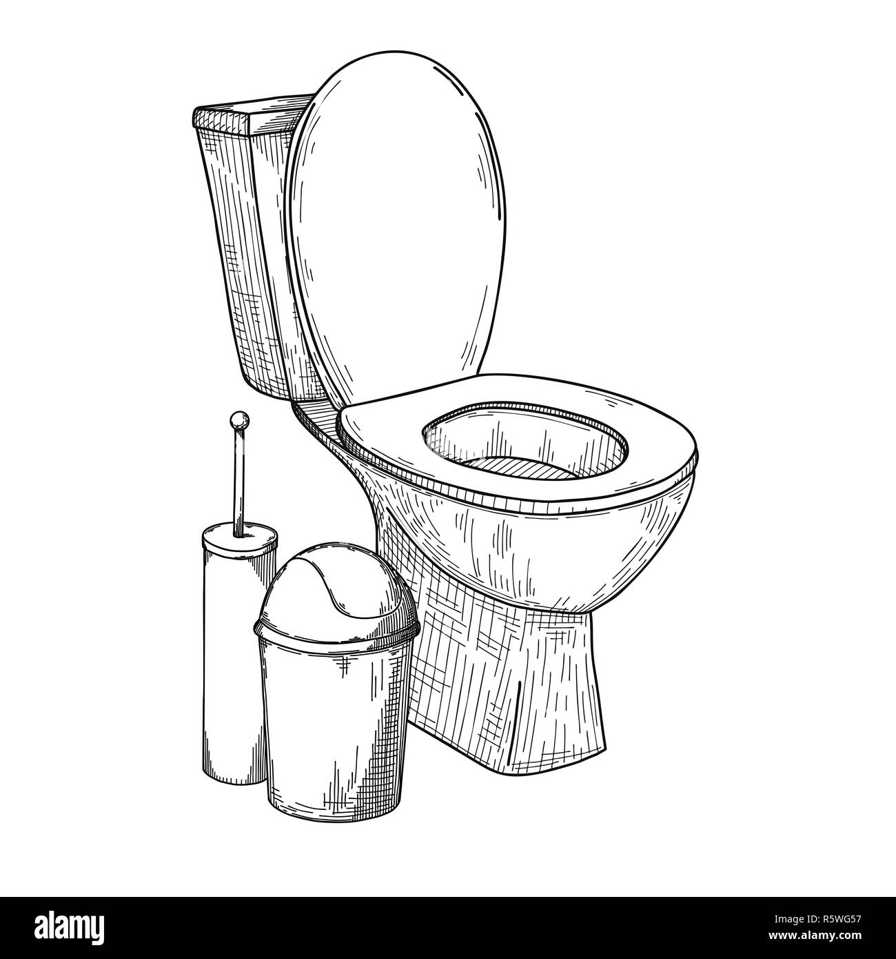 Croquis de la cuvette des toilettes et autres articles de toilette isolé sur fond blanc. Vector Illustration de Vecteur