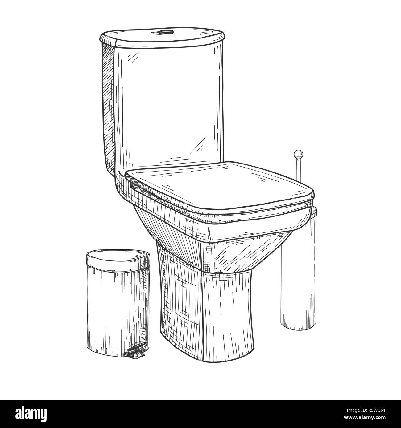 Croquis de la cuvette des toilettes et autres articles de toilette isolé sur fond blanc. Vector Illustration de Vecteur