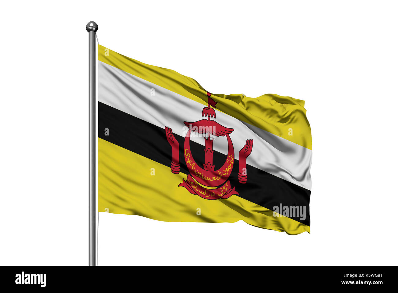 Pavillon de Brunei forme dans le vent, isolé sur fond blanc. Drapeau brunéien. Banque D'Images