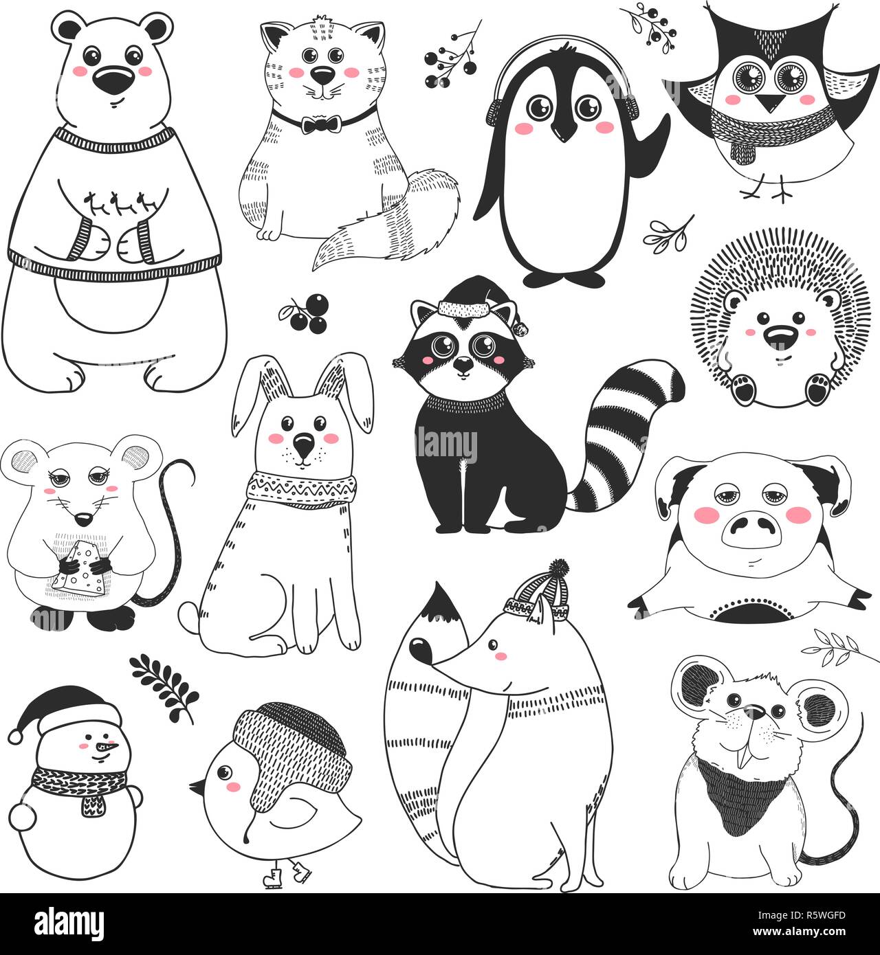 Série d'animaux et différents éléments de noël. Vector illustration au croquis style. Illustration de Vecteur