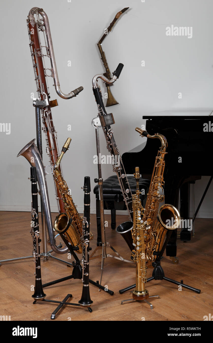 Eb, C, BB, une clarinette Basset, clarinette, alto, clarinette, cor de  basset, clarinette basse Eb contre-alto, Clarinette contrebasse. Collection  d'instruments à vent Photo Stock - Alamy