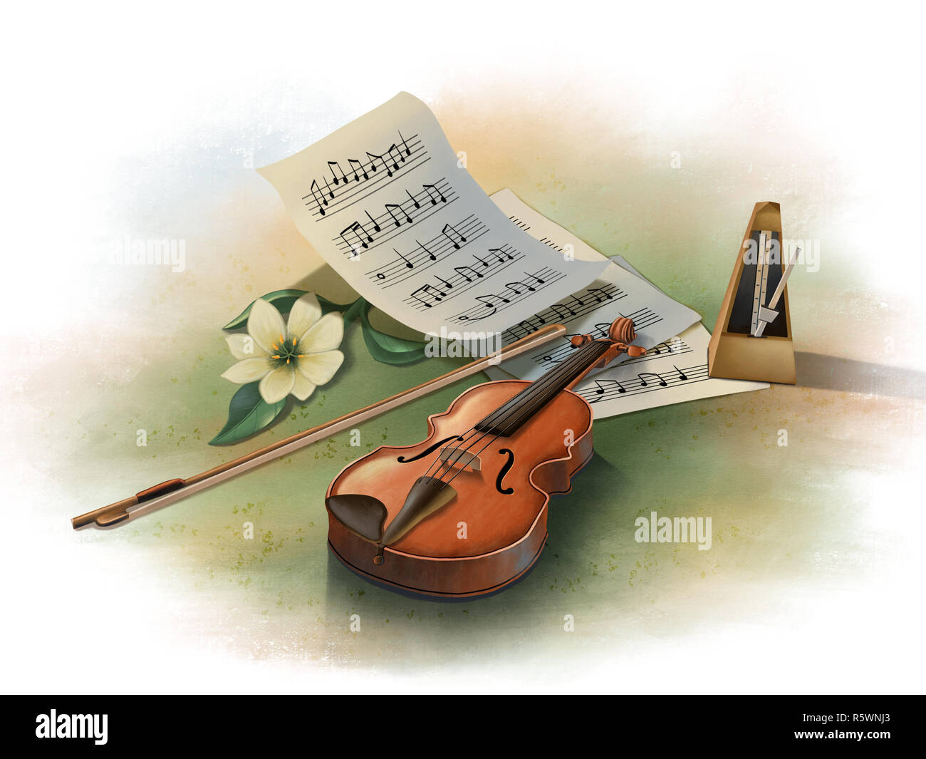 Nature morte au violon, métronome et quelques feuilles de musique. Illustration numérique. Banque D'Images