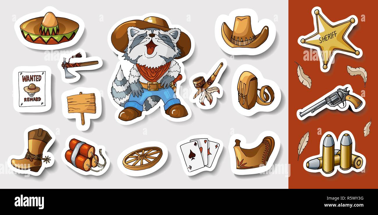 Western wild west art stickers set. Pistolet, des balles, cactus et beaucoup d'autres articles Illustration de Vecteur