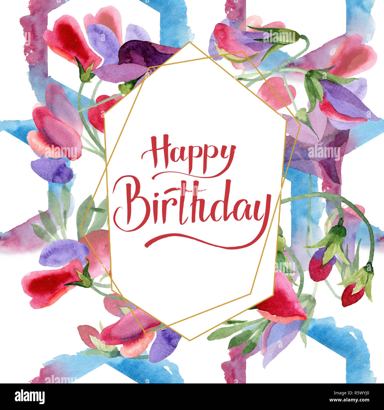 Fleurs De Pois Rouge Joyeux Anniversaire Monogramme L Ecriture La Calligraphie Fond D Aquarelle Crystal D Or Du Chassis Photo Stock Alamy
