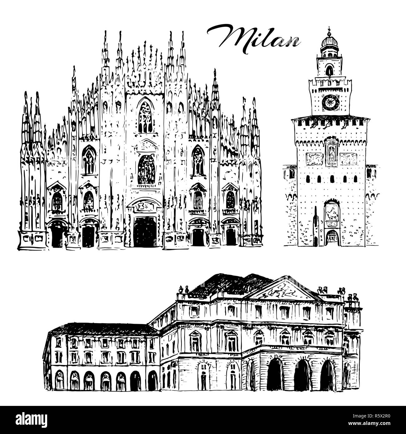 Sites touristiques de Milan. Duomo di Milano, Teatro alla Scala, le château des Sforza. L'Italie. Vector hand croquis Banque D'Images