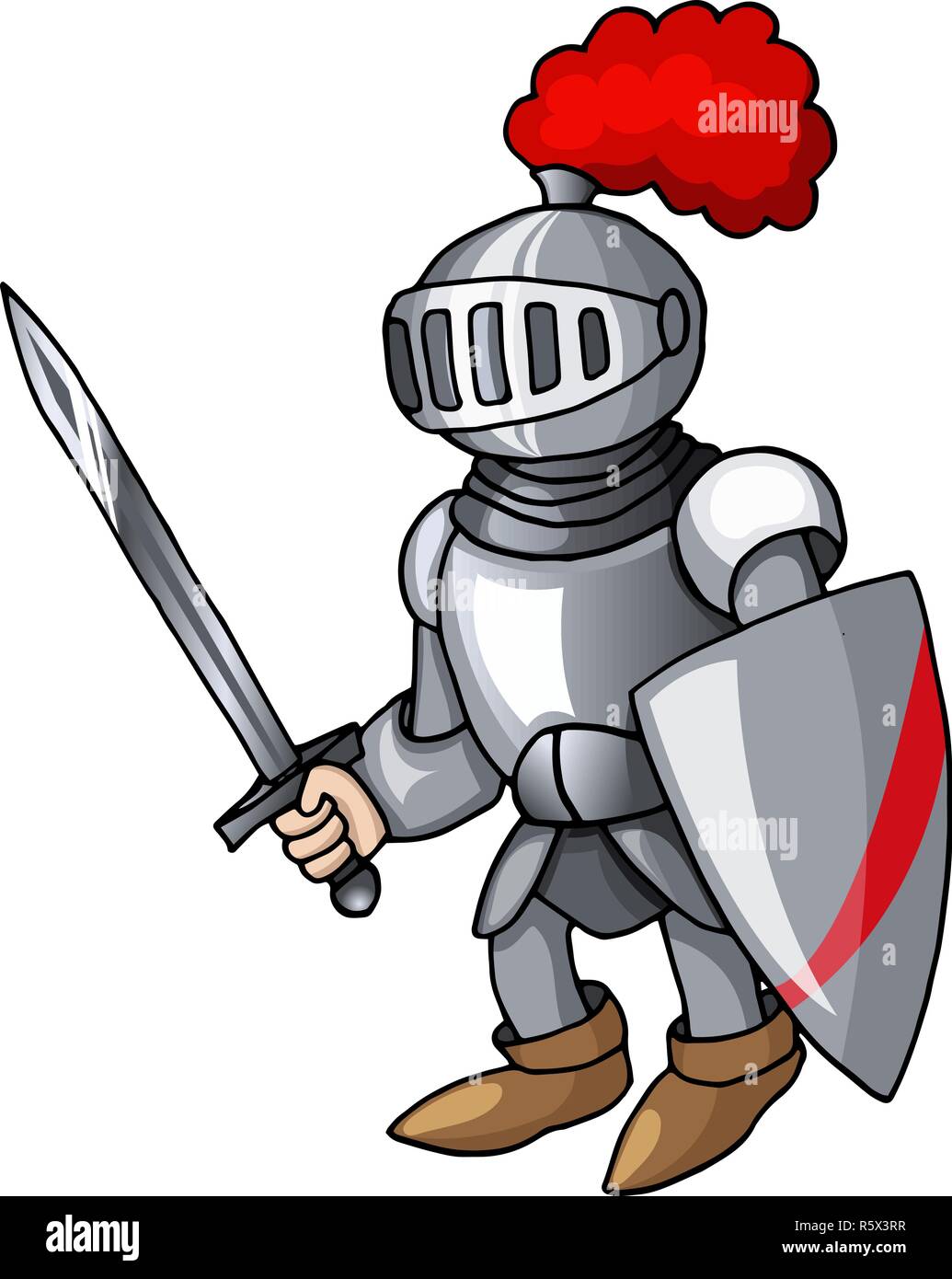 Cartoon chevalier médiéval avec le bouclier et l'épée, isolé sur fond blanc Illustration de Vecteur