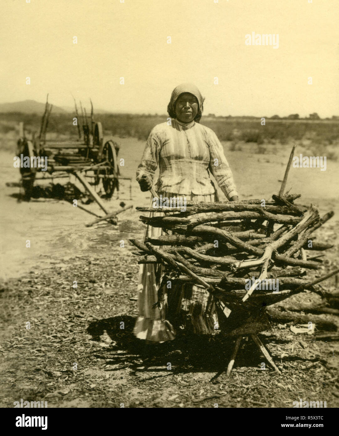 Ou Pima Maricopa femme ramassent du bois près de Phoenix, Arizona Territoire ca 1898 Banque D'Images