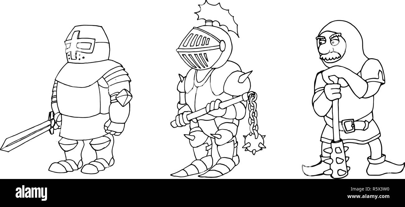 Coloriages de cartoon trois chevaliers médiévaux pour prepering Tournoi Chevalier Illustration de Vecteur
