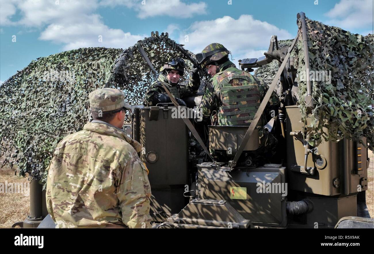 Un groupe de combat américain Soldat Pologne pose des questions à propos de l'anti-aérienne roumaine cannon durant la formation d'interopérabilité Le 18 avril. Cette formation vise à renforcer les pratiques de lutte contre la guerre et d'assurer des connaissances communes à l'échelle du groupe de combat multinationales. La formation unique, composé d'Américains, Britanniques, roumain et polonais soldats, servira de force de dissuasion dans le nord-est de la Pologne à l'appui de l'OTAN vers l'amélioration de la présence. Banque D'Images