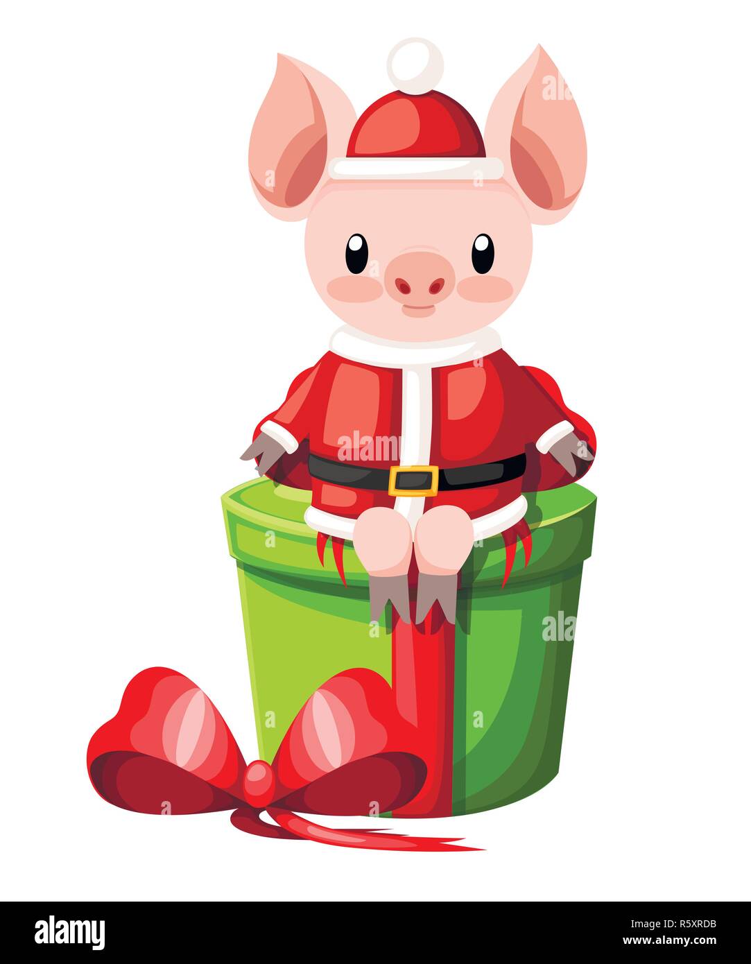 Cochon mignon dans Noël le costume. Cartoon character design. Petit cochon s'asseoir sur green gift box. Mascotte animal rose. Vector illustration isolé plat Illustration de Vecteur