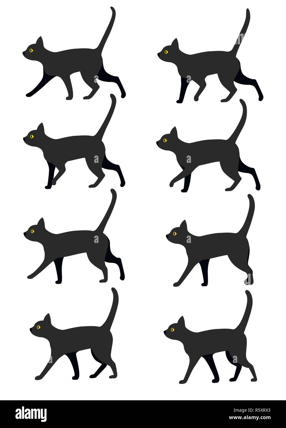 Set de chat noir icon collection. Black Cat pose pour l'animation de marche prédéfini. Télévision vector illustration isolé sur fond blanc. Illustration de Vecteur