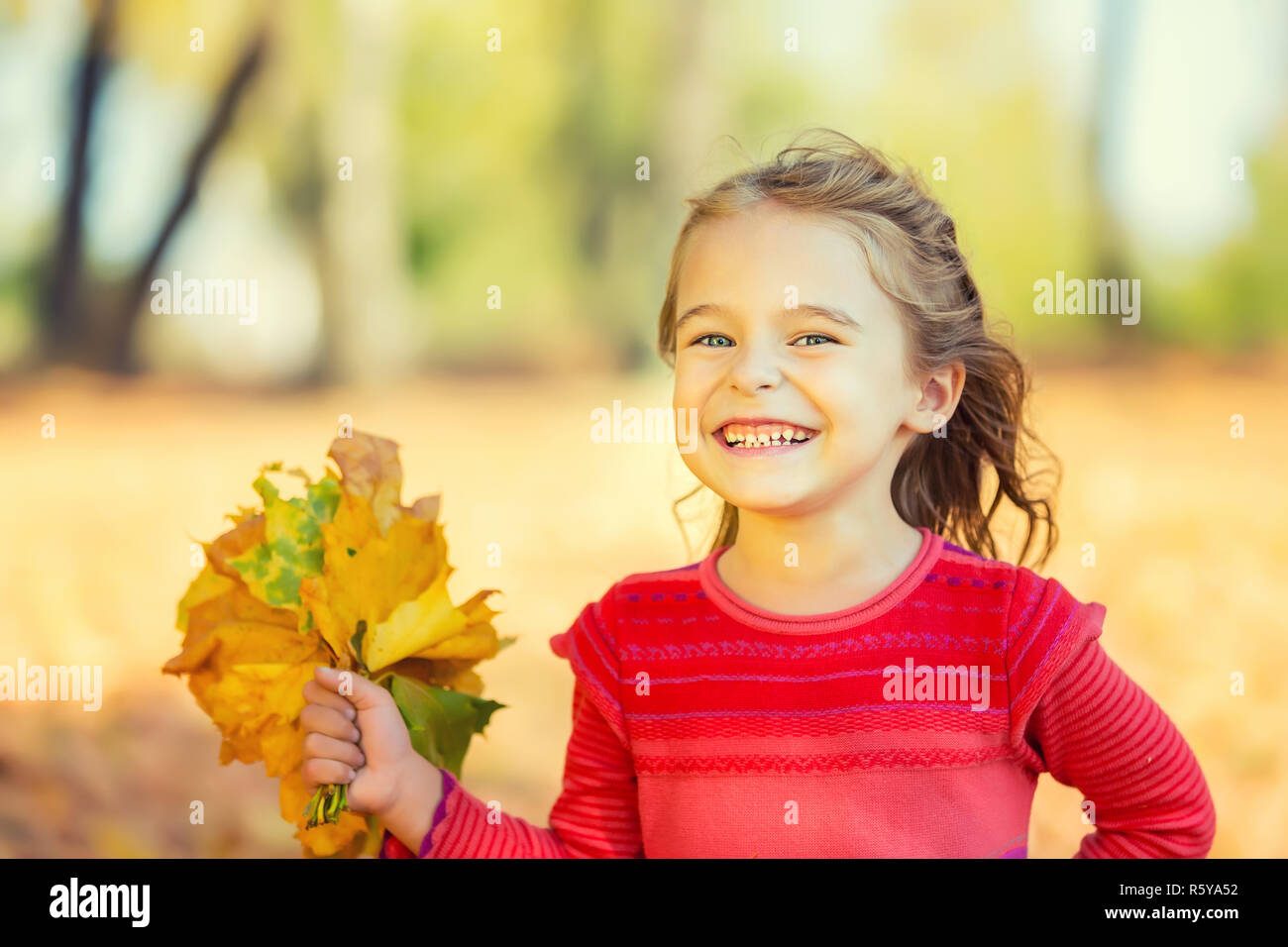 Happy little girl avec les feuilles d'automne Banque D'Images